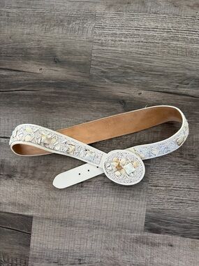 Embellished White Women's Leather Belt with Beaded Accent XL